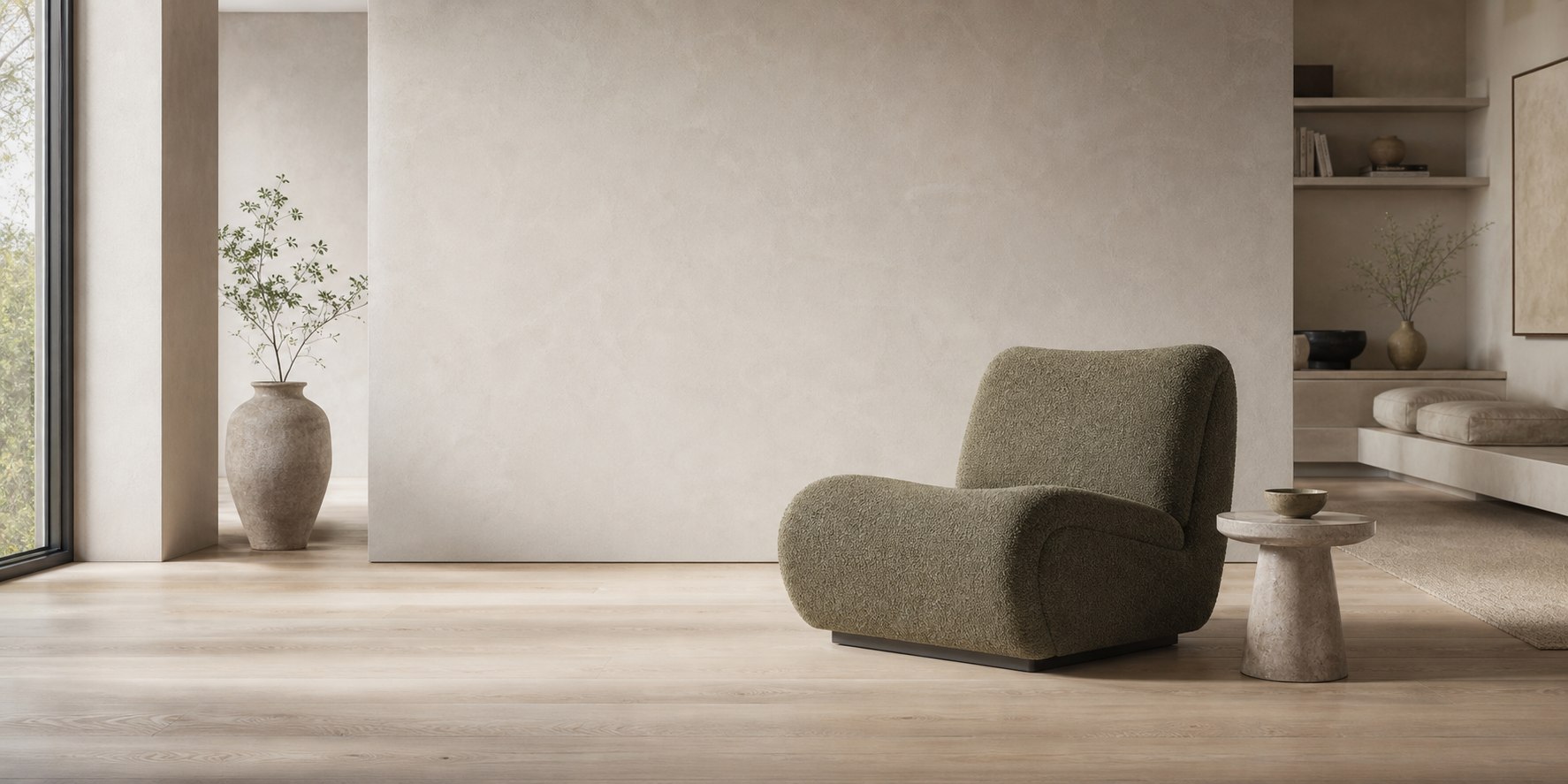 Contemporary interior prepared for custom AI product placement and material visualization