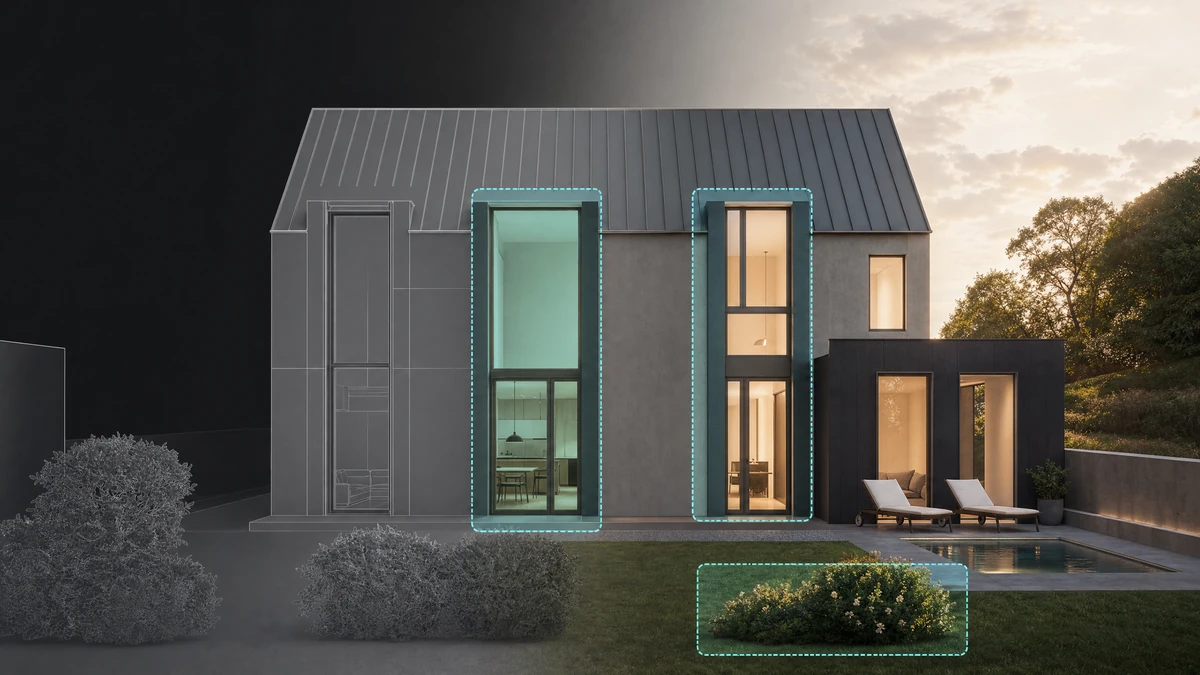 Illustration: contemporary architecture transitioning from model view to detailed AI render with selected regions highlighted
