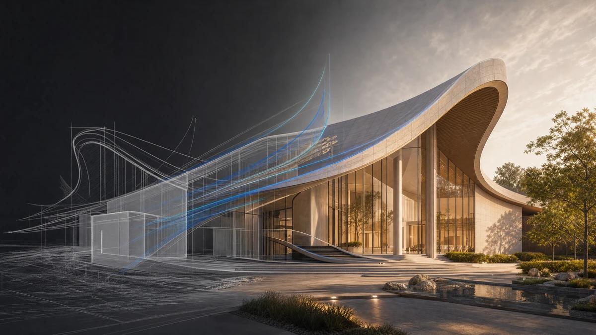 Illustration: architectural concept sketch evolving into a detailed AI architectural render