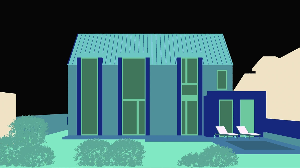 Published ID map of a different pitched-roof house with facade, glazing, roof and landscape regions